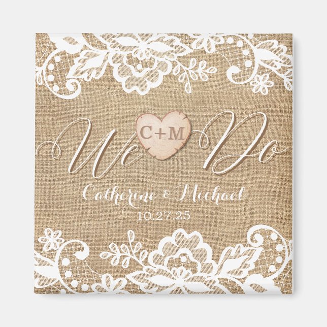 Imã Iniciais Rustic Burlap Lace and Wood Heart (Frente)
