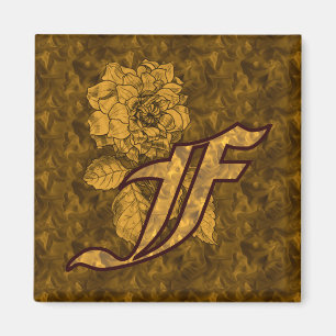 Imã Inicial de Monograma F Flor de Peônia em Ouro Eleg