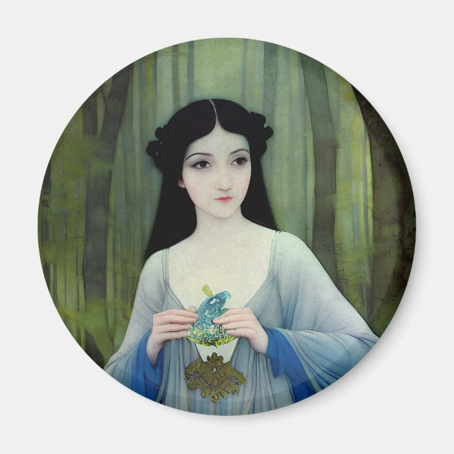 Imã Ink Wash Ilustração de Linda Mulher em Florestas (Frente)