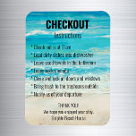 Ímã Instruções de check-out de aluguel de curta duraçã<br><div class="desc">Este design pode ser personalizado na área fornecida pela alteração da foto e/ou do texto. Ou pode ser personalizado clicando em Personalizar este Modelo e, em seguida, escolhendo o clique para personalizar mais a opção e excluir ou alterar a cor do plano de fundo, adicionar texto, alterar a cor ou...</div>