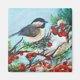 Imã Inverno Chickadee-Doce pássaro Preto-Tampado do