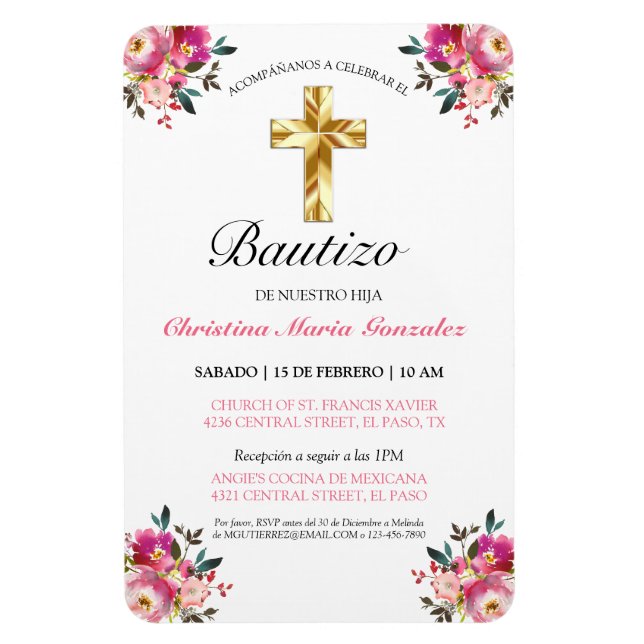 Ímã Invitación bonita del bautismo de la cruz del oro (Vertical)