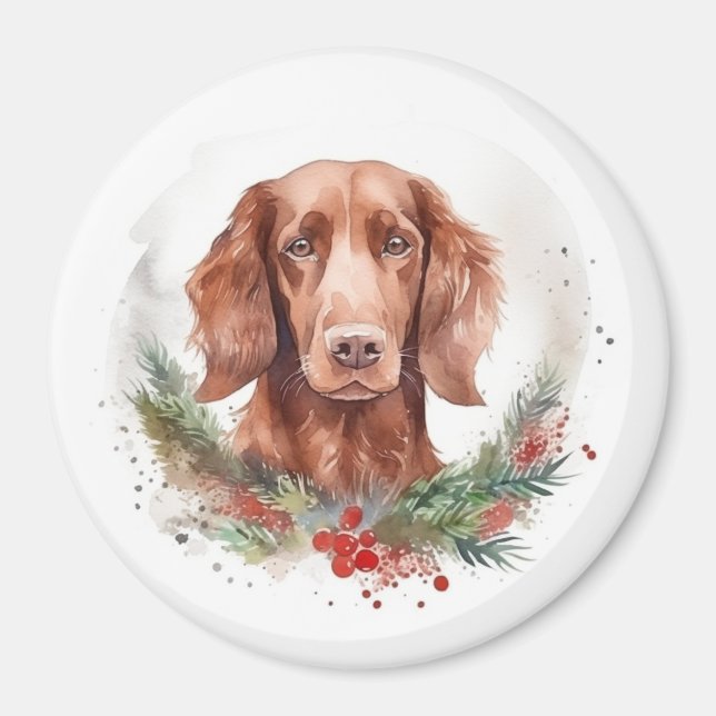 Imã Irlandês Red Setter Christmas Wreath Festivo Pup (Frente)