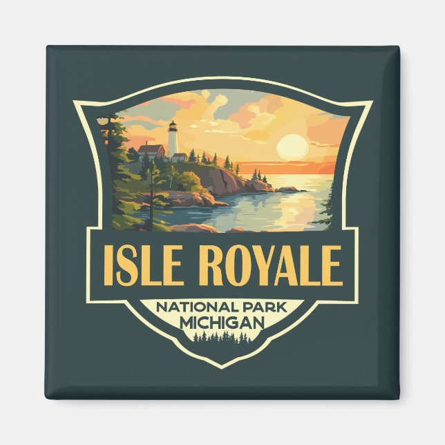 Imã Isle Royale National Park Ilustration Retro Crachá (Frente)