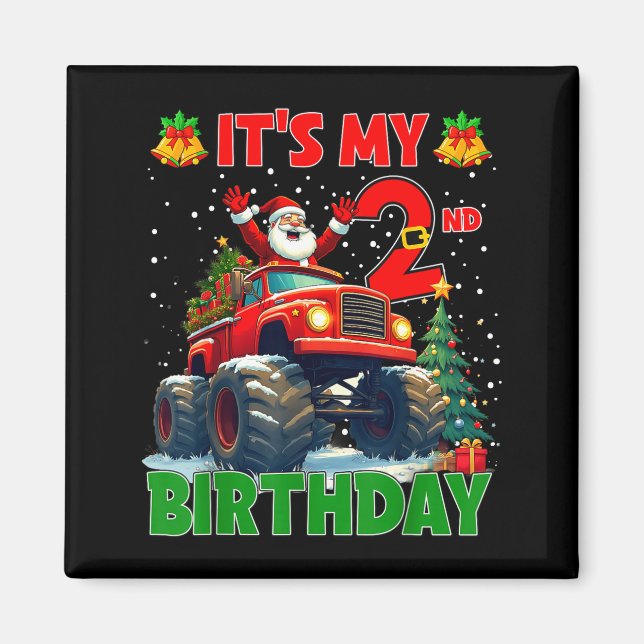 Imã It’s My 2nd Birthday Xmas Santa Monster Truck Chri (Frente)