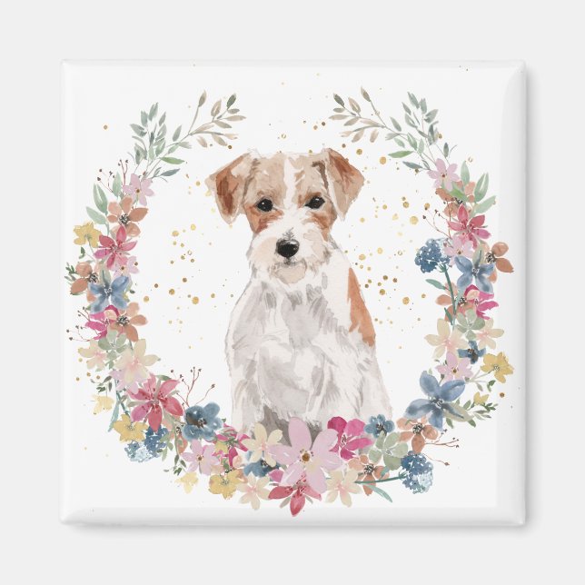 Imã Jack Russell Terrier Spring Flowers Wreath (Frente)