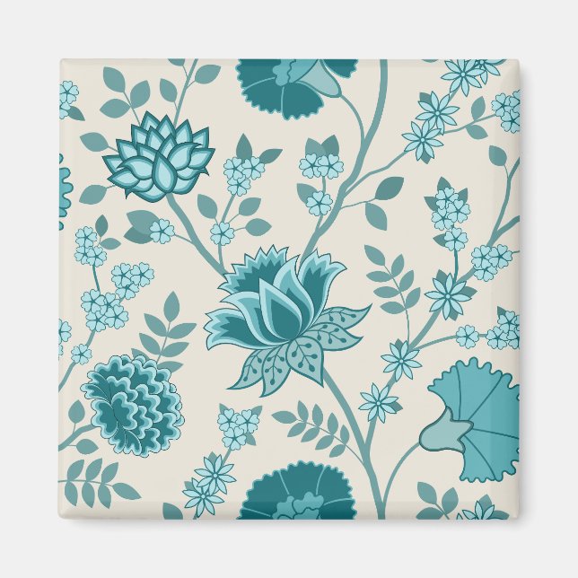 Imã Jacobean Floral Lg Patterna Teals em Creme (Frente)