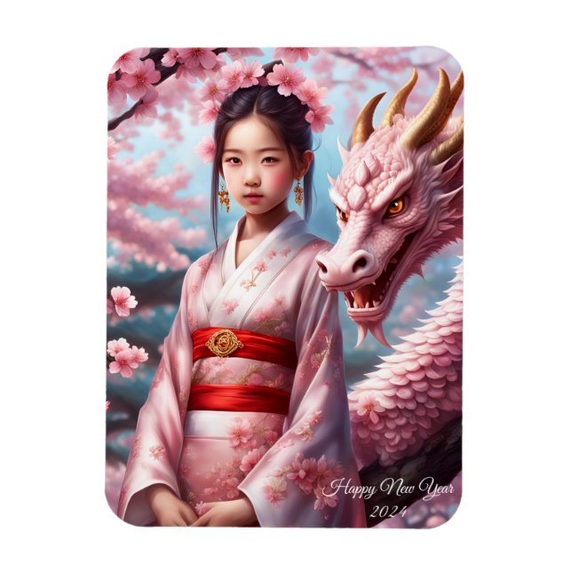 Ímã Jahr des Drachen 2024 - Mädchen zwischen Kirschblü (Vertical)