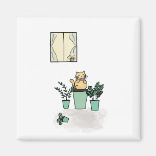 Imã Janela Café Gato Plantas Planilhas Verde