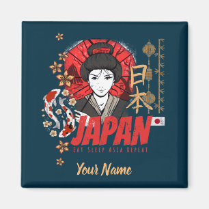 Imã Japão Vintage Geisha com Flag Koi e Lotus Souve