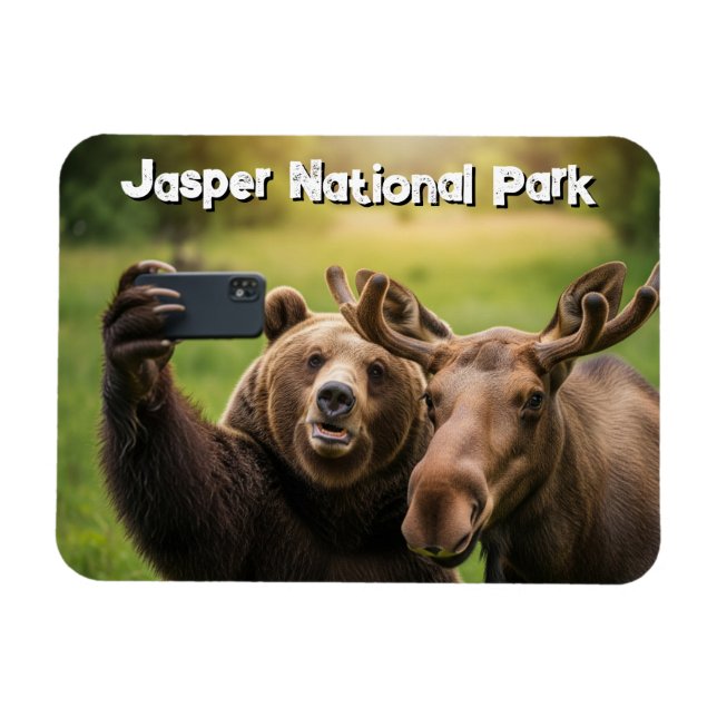 Ímã Jasper National Park Bear Moose Selfie Canadá (Horizontal)