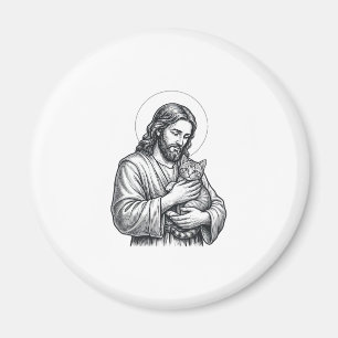Imã Jesus Antigo Segurando Gato Gravura Gráfico_1