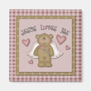 Imã Jesus Me Ama Teddy Bear Angel Square Magnet
