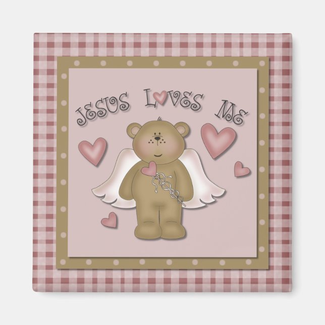 Imã Jesus Me Ama Teddy Bear Angel Square Magnet (Frente)