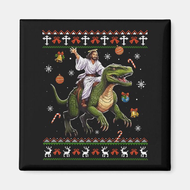 Imã Jesus Riding Dinosaur Funny Meme Ugly Christmas Sw (Frente)