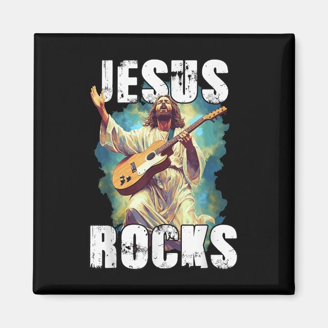 Imã Jesus Rocks Com Guitarra - Cristão Engraçado Rocks (Frente)
