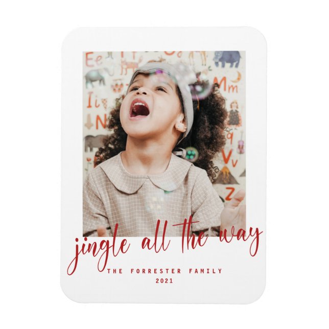 Ímã Jingle All Way Red Script Photo Holiday Card (Vertical)