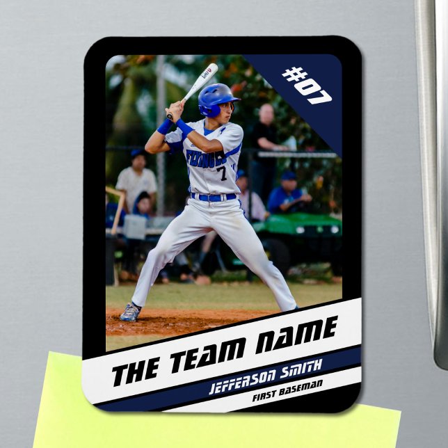 Ímã Jogador de beisebol Personalizável Azul Preto (Baseball Player Magnet in Black with Custom Team Name and White Blue Stripes)