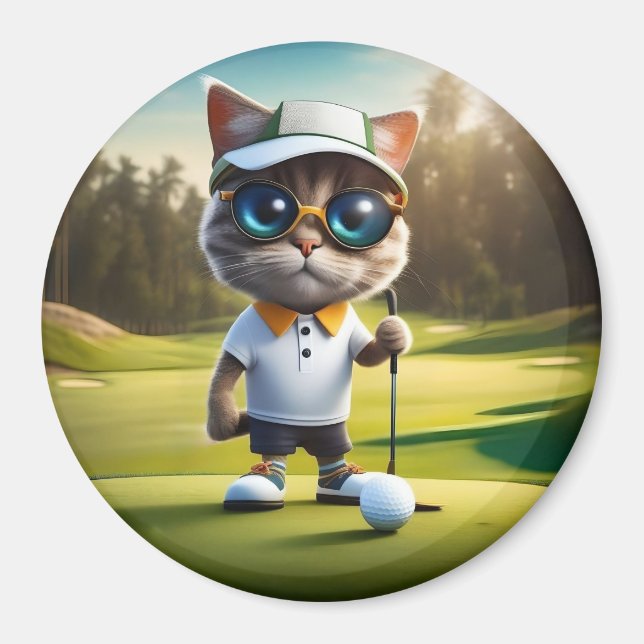 Imã Jogador De Golfe De Gato Animado Engraçado, (Frente)