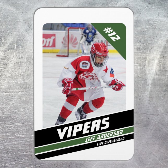 Ímã Jogador De Hóquei Sobre A Vigorosa White Verde (Ice Hockey: Customize your magnet with a fresh white and green jersey, player image, and number.)