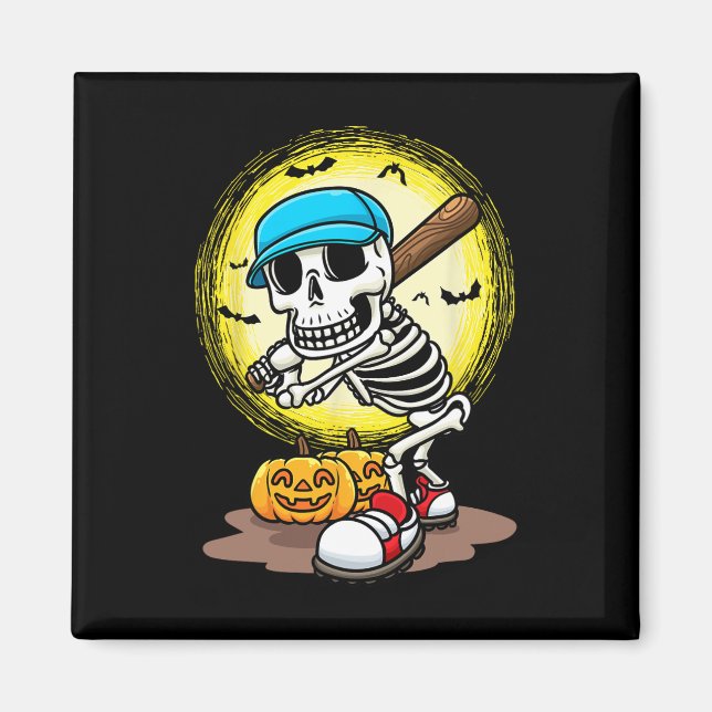 Imã Jogador Skeleton Softball Crianças de Halloween (Frente)