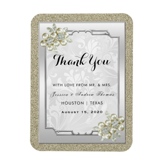 Ímã Joia Floral Prateada Enquadrada, Bodas de Ouro e P (Vertical)