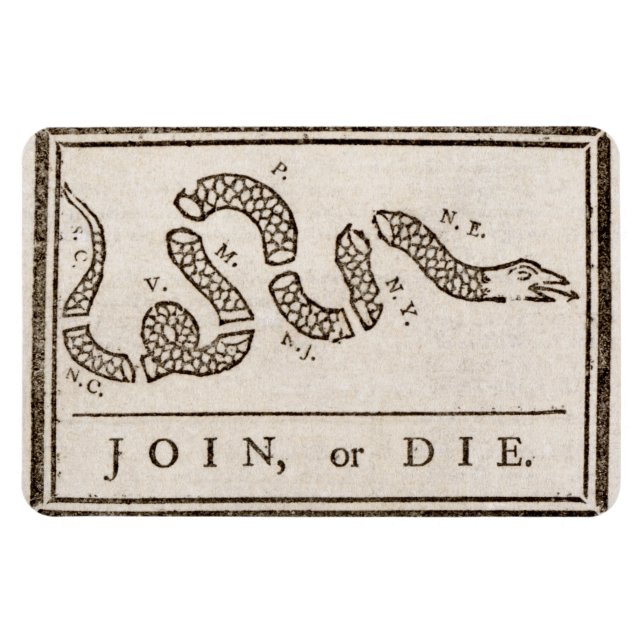 Ímã Join ou Die Rattlesnake: Cartoon Benjamin Franklin (Horizontal)
