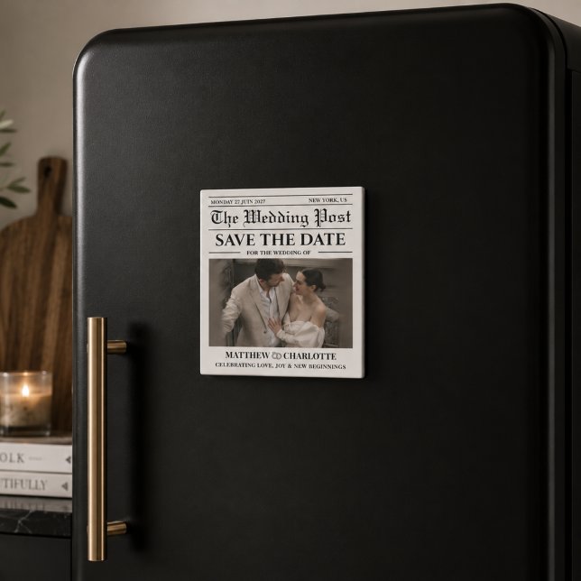Imã Jornal Salve a Data Casamento  (save the date wedding magnets elegant modern black and white classic classy)