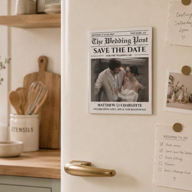 Ímã Jornal Salve o Dia do Casamento  (Newspaper Wedding Save The Date magnet black and white photo simple elegant modern )