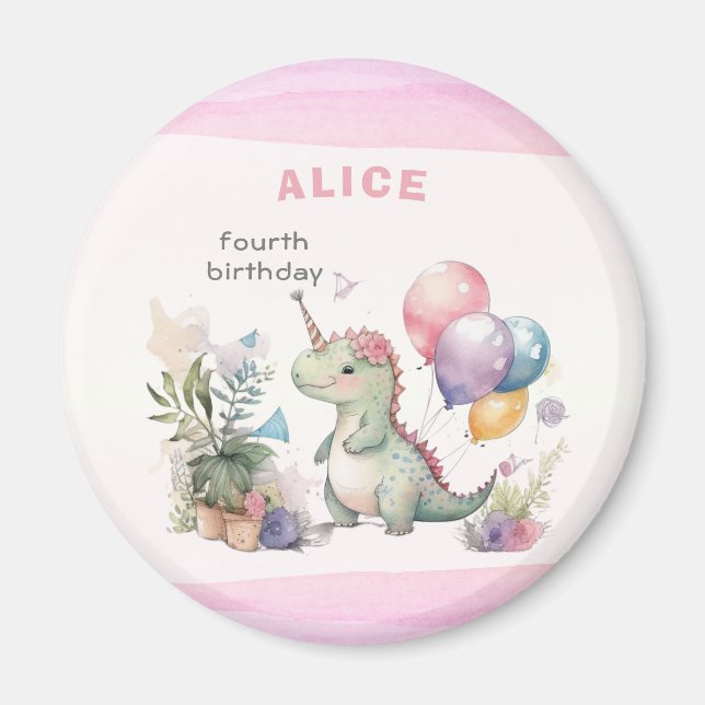Imã Jovem Dinossauro Rosa Pia-Cor-d'água Aniversário (Frente)