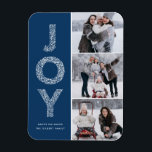 Ímã JOY Foliage Lettering Blue Photo Collage<br><div class="desc">JOY Foliage Lettering Red Christmas Photo Collage Flat Magnet | Envie Cartões de natal com este ímã fotográfico de feriado caprichoso. Apresenta a tipografia decorativa de JOY. Personalize adicionando seus detalhes.</div>