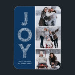 Ímã JOY Foliage Lettering Blue Photo Collage<br><div class="desc">JOY Foliage Lettering Red Christmas Photo Collage Flat Magnet | Envie Cartões de natal com este ímã fotográfico de feriado caprichoso. Apresenta a tipografia decorativa de JOY. Personalize adicionando seus detalhes.</div>