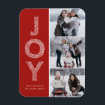 Ímã JOY Foliage Lettering Red Photo Collage<br><div class="desc">JOY Foliage Lettering Red Christmas Photo Collage Flat Magnet | Envie Cartões de natal com este ímã fotográfico de feriado caprichoso. Apresenta a tipografia decorativa de JOY. Personalize adicionando seus detalhes.</div>