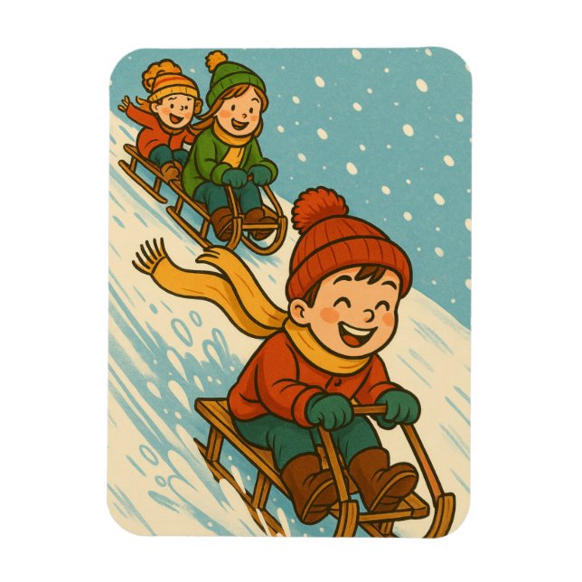Ímã Joyful Sled Ride – Cute Kids Sleigh Riding Winter (Vertical)
