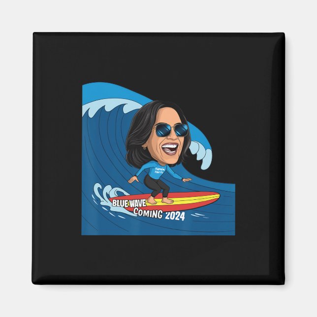 Imã Kamala Harris Andando No Surfboard Numa Onda Azul (Frente)