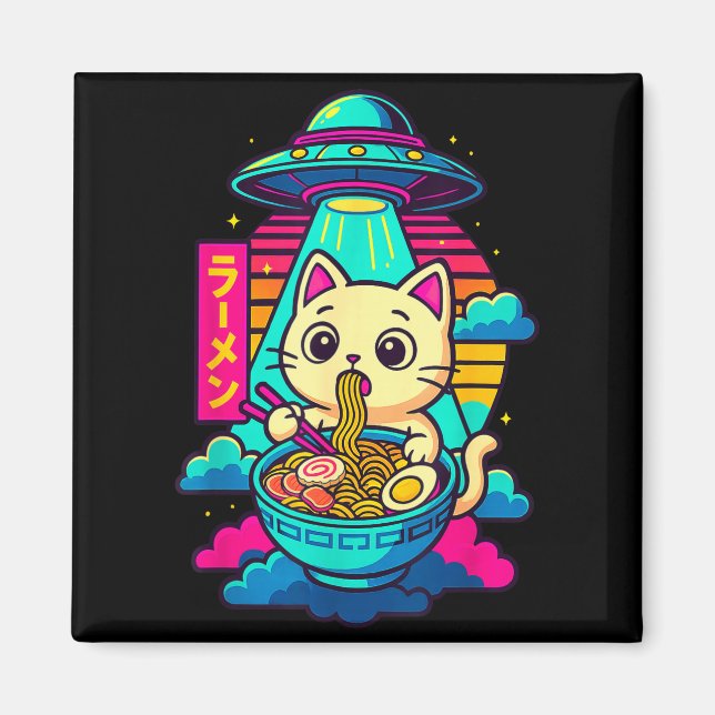 Imã Kawaii Cat Alien Ufo Ramen Graphic Tee Funny Japan (Frente)