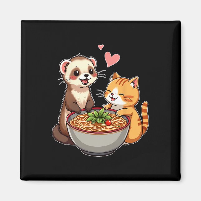 Imã Kawaii Ferret E Cat Comendo Ramen Cujo Japonês A (Frente)