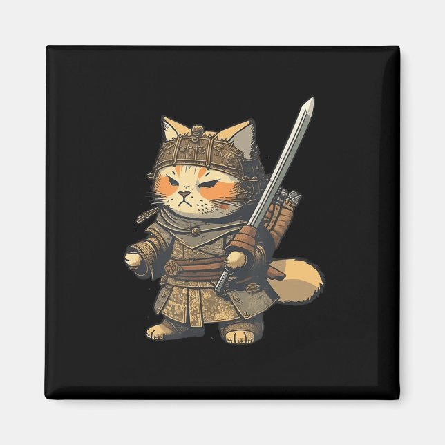 Imã Kawaii Japanese Style Samurai Cat Anime  (Frente)