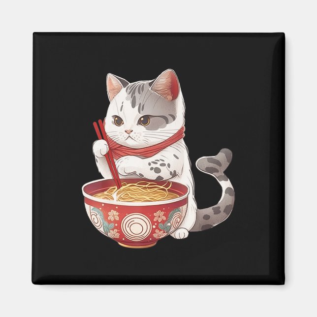 Imã Kawaii NeKo Cat Comendo Ramen Noodles Comida Japon (Frente)
