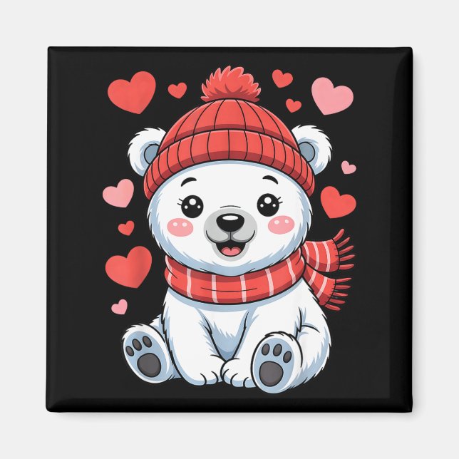 Imã Kawaii Polar Bear Valentines Day Hearts Scarf Bean (Frente)
