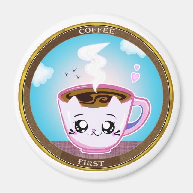 Imã Kawaii, taça de café rosa. Café primeiro (Frente)