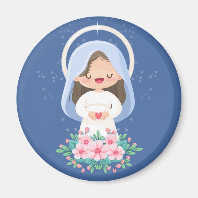 Imã Kawaii Virgem Maria com Coração e Flores – Azul Ma (Frente)