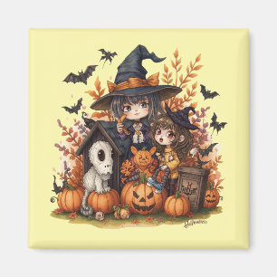 Imã Kawaii Witches with Ghost Puppy and Pumpkins
