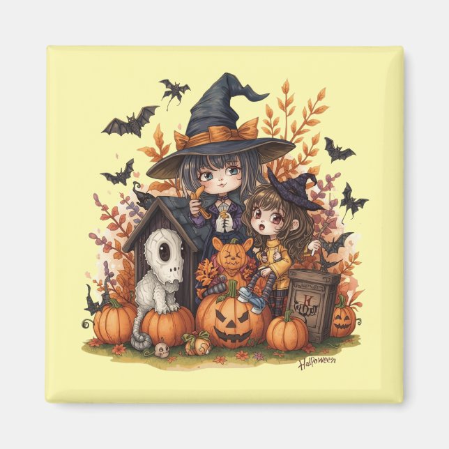 Imã Kawaii Witches with Ghost Puppy and Pumpkins (Frente)