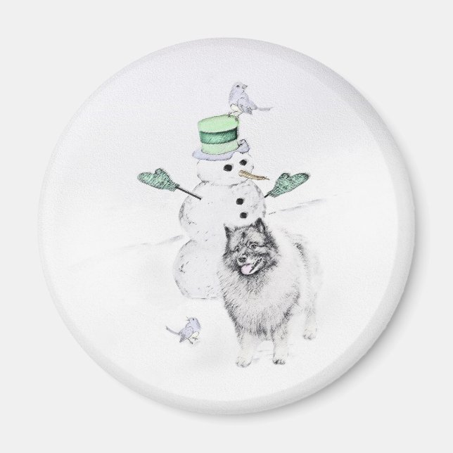 Imã Keeshond Christmas Snowman Pinting Art (Frente)