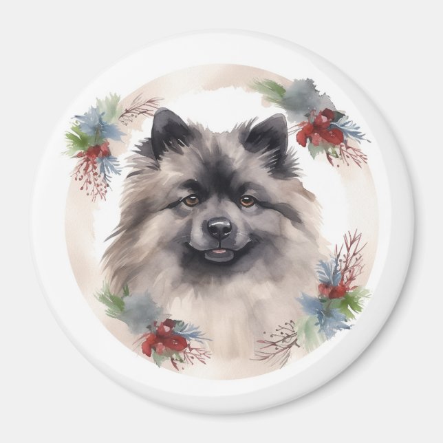 Imã Keeshond Christmas Wreath Festivo Pup (Frente)