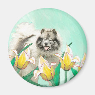 Imã Keeshond em Tulips pintando lindas artes caninas o