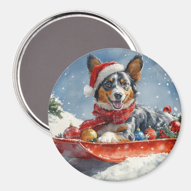 Imã Kelpie australiano em Sledge Deixe-o nevar Natal (Front/Back)