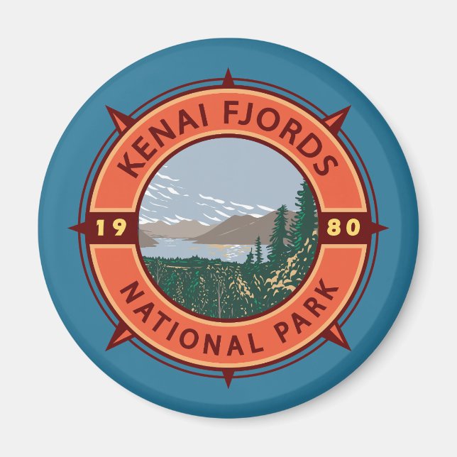 Imã Kenai Fjords National Park Retro Compass Emblem (Frente)