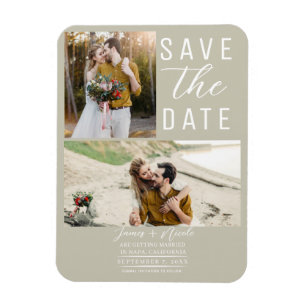 Ímã Khaki Beige Modern 2 Fotos Salvem a Data Casamento